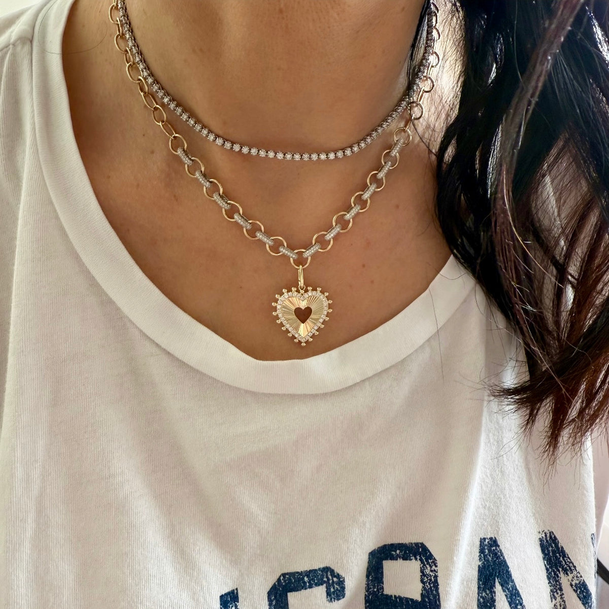 14KT Gold Diamond Fluted Spike Heart Pendant Charm