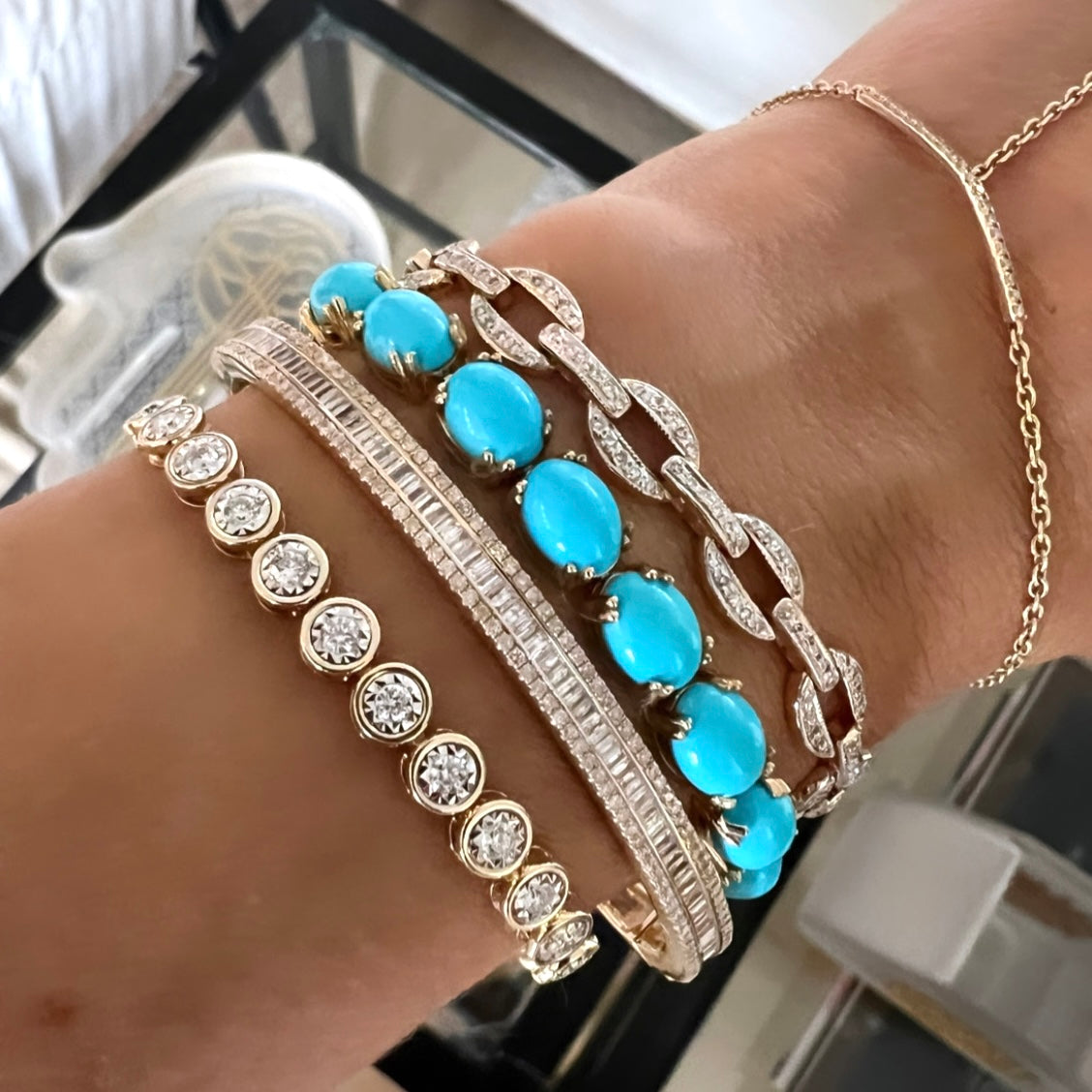 14KT Gold Pave and Baguette Diamond Liana Bangle Bracelet