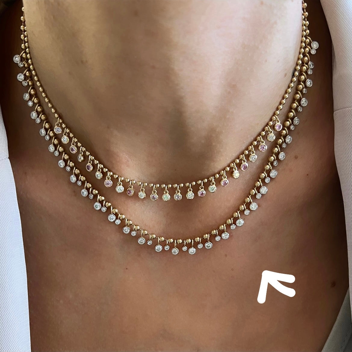 14KT Gold Diamond Luxe Alianna Fringe Necklace On Ball Chain