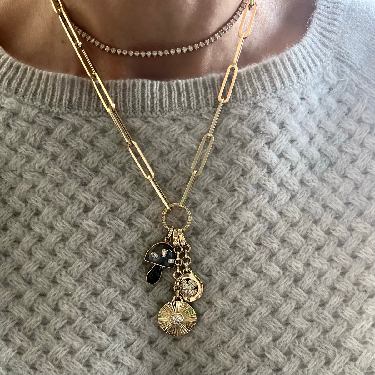 14KT Gold Diamond Large Paperclip Charm Chain With Diamond Clasp