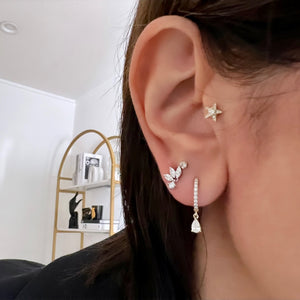 14KT Gold Diamond Huggie Earrings with Pear Diamond Drop