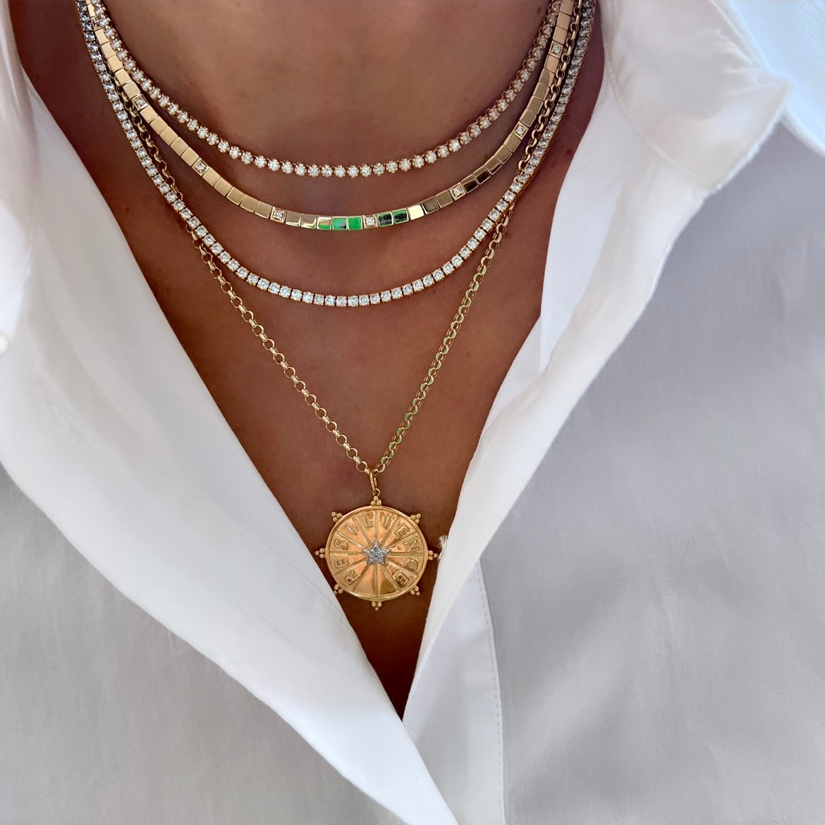 14KT Gold Diamond Square Tile Esma Necklace