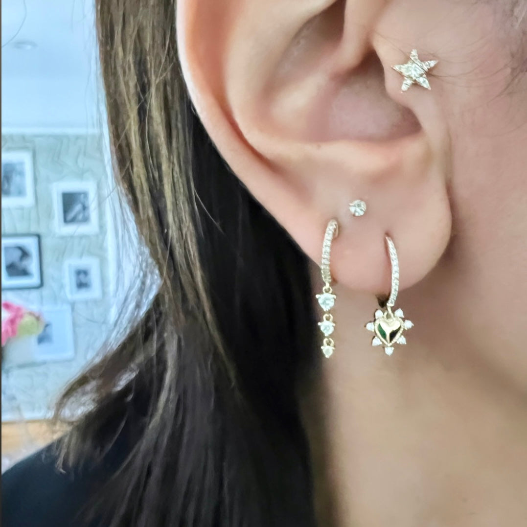 14KT Gold Diamond Beatie Dangling Diamond Huggie Earrings