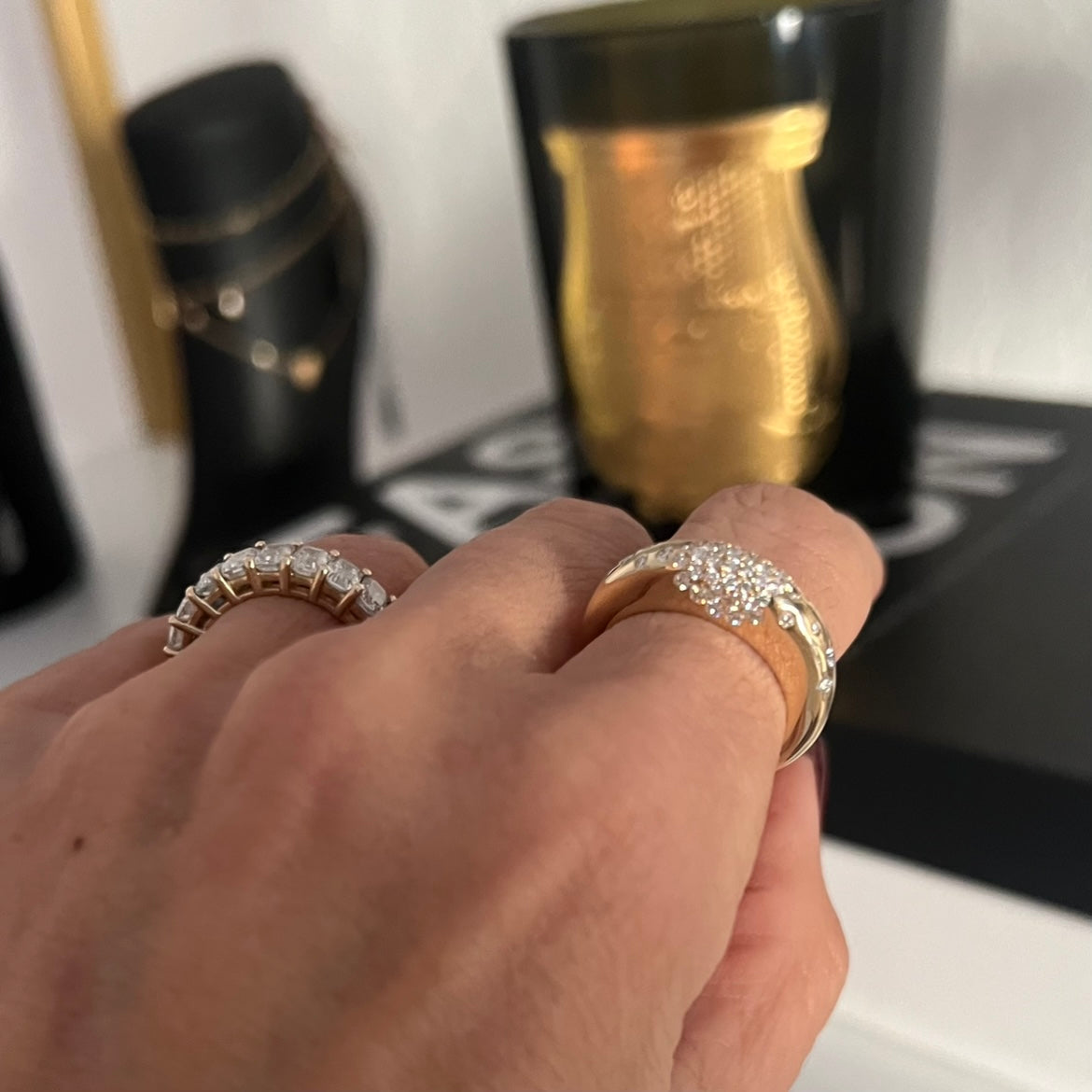 14KT Gold Diamond / Emerald High Dome Alizee Ring