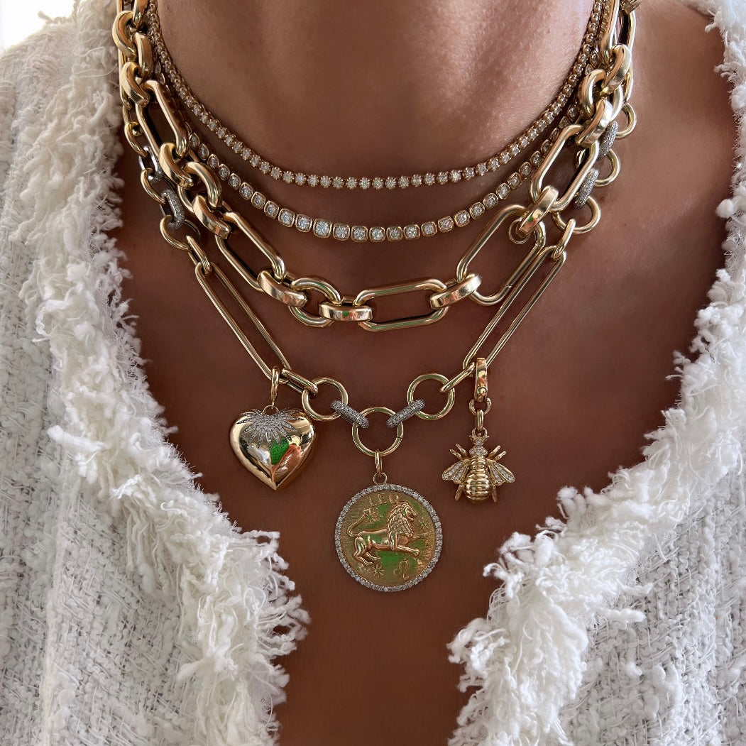 14KT Gold Jumbo Luxe Multi Link Charm Chain Necklace With Diamond