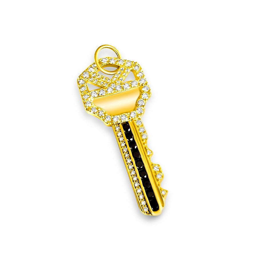 14KT Gold Black and White Diamond Large Key Pendant Charm