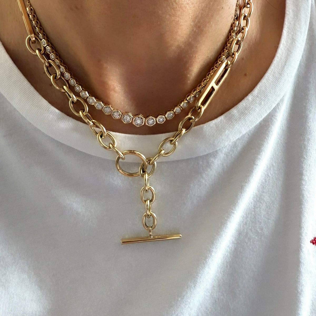 14KT Gold Mixed Links Toggle Charm Chain Necklace