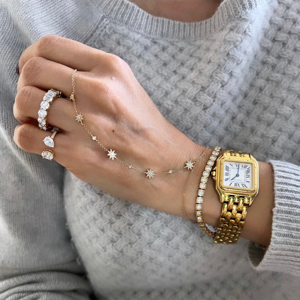 14KT Gold Diamond Stars Finger Bracelet Hand Chain
