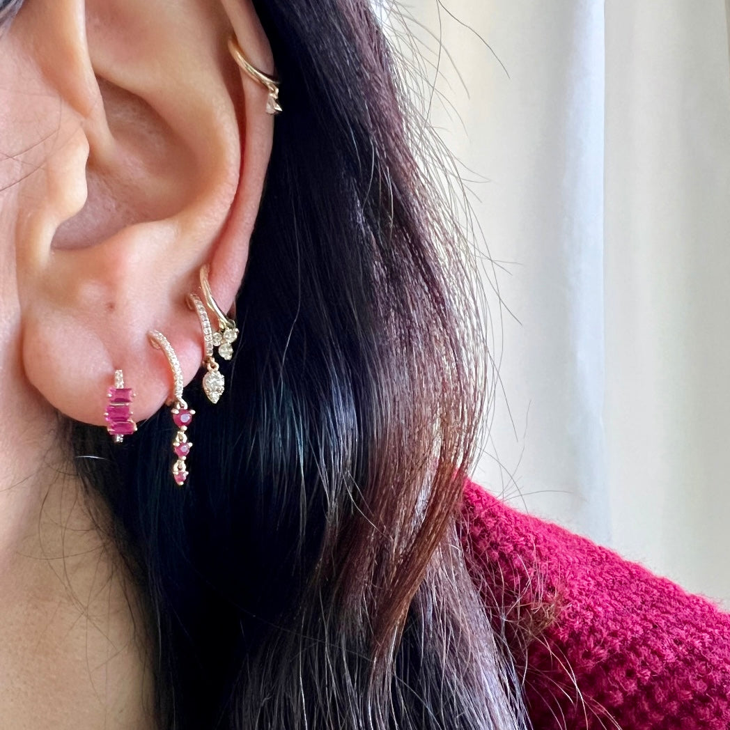 14KT Gold Diamond Ruby / Turquoise Drop Huggie Earrings