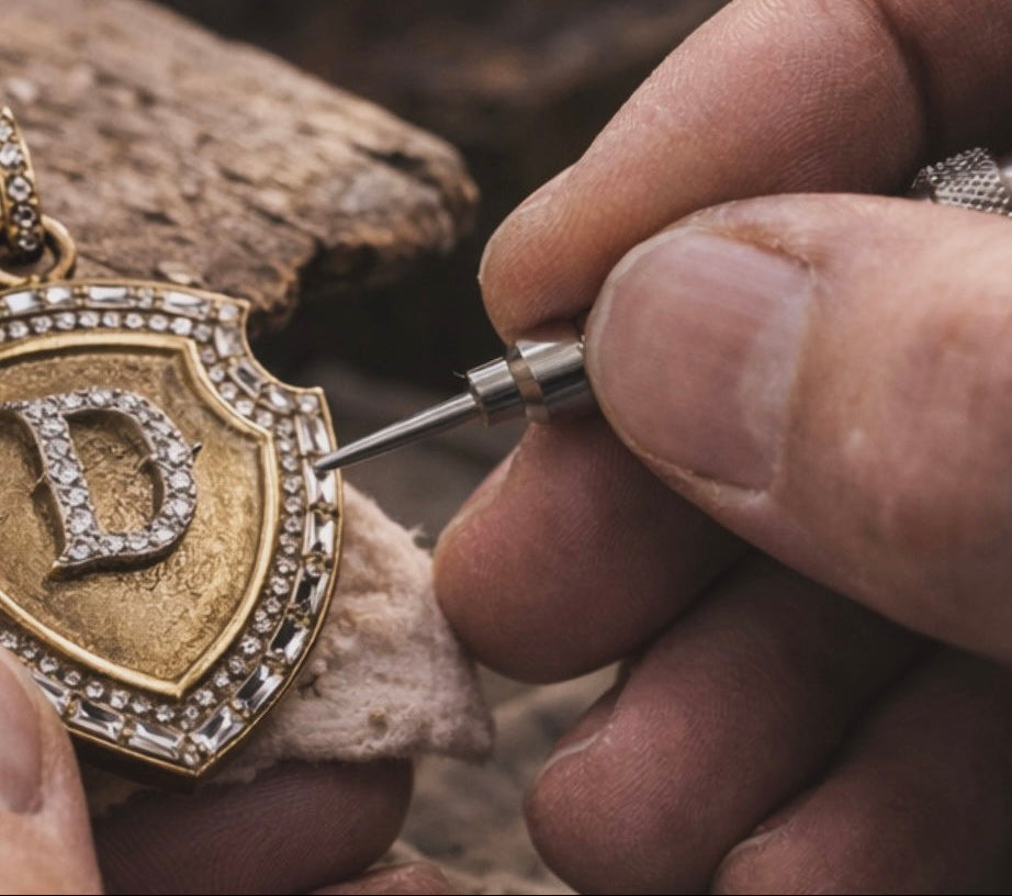14KT Gold Pave and Baguette Diamond Bespoke Initial Shield Pendant Charm