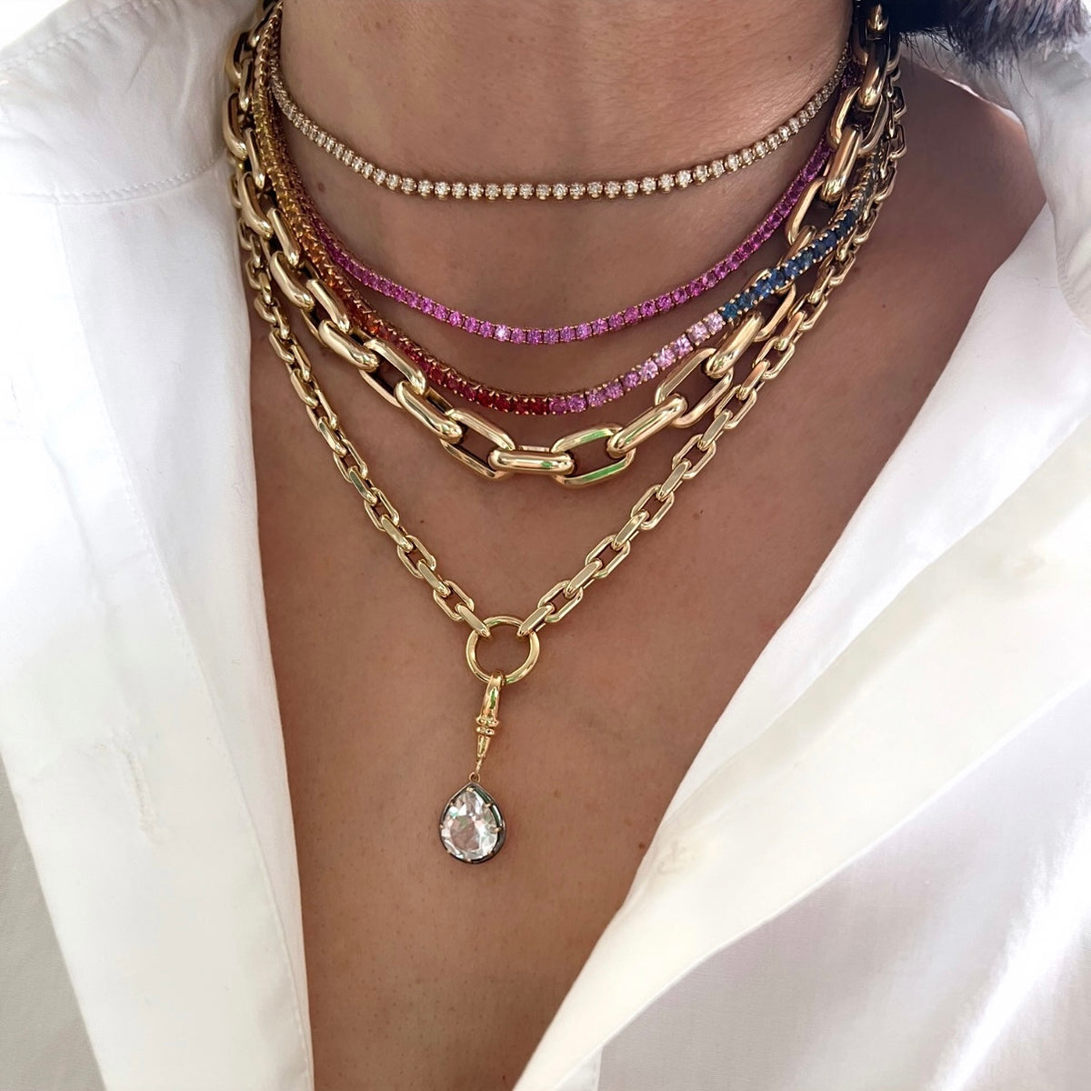 14KT Gold Pink Sapphire Signature Tennis Necklace