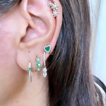 14KT Gold Diamond Emerald Flower Huggie Earrings