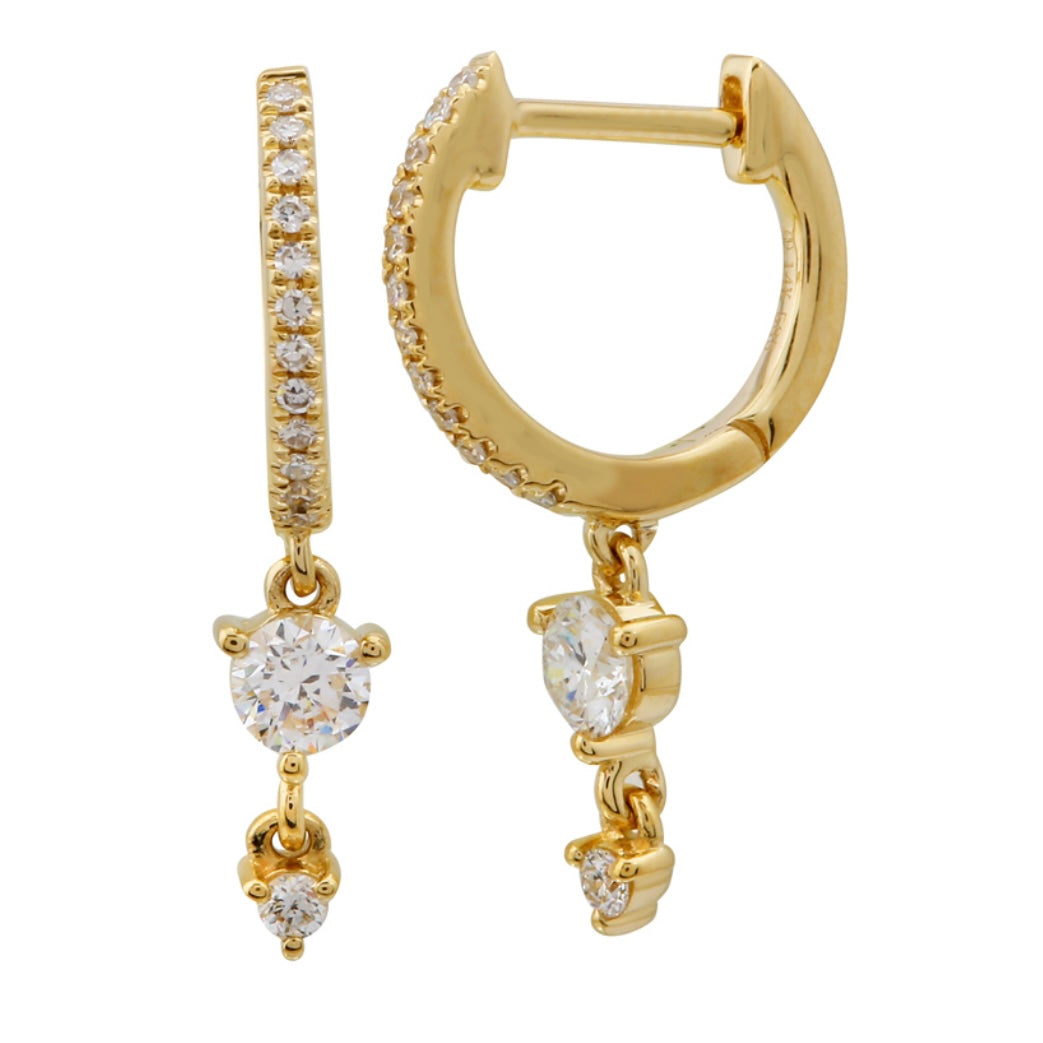 14KT Gold Two Dangling Diamonds Huggie Earrings