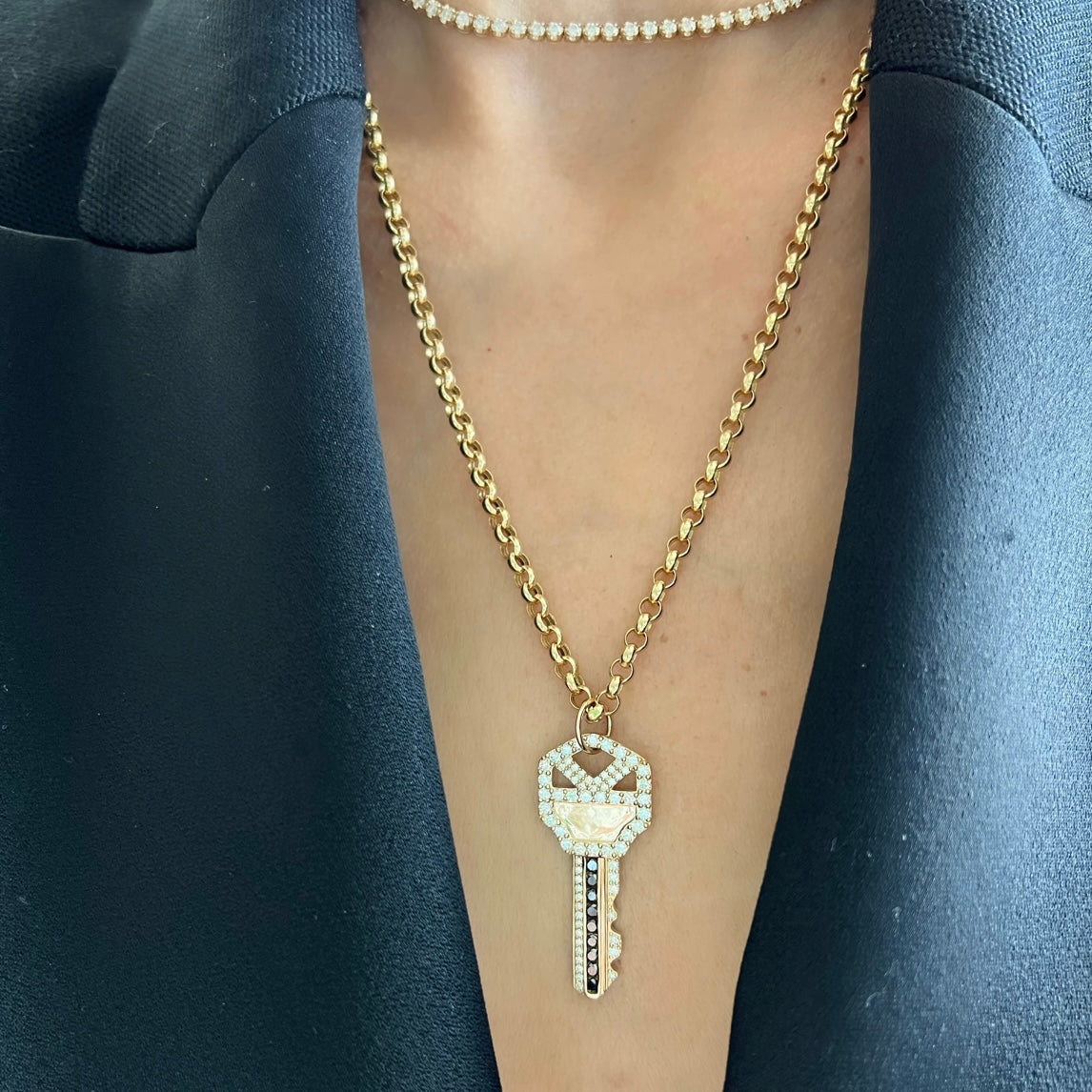 14KT Gold Black and White Diamond Large Key Pendant Charm