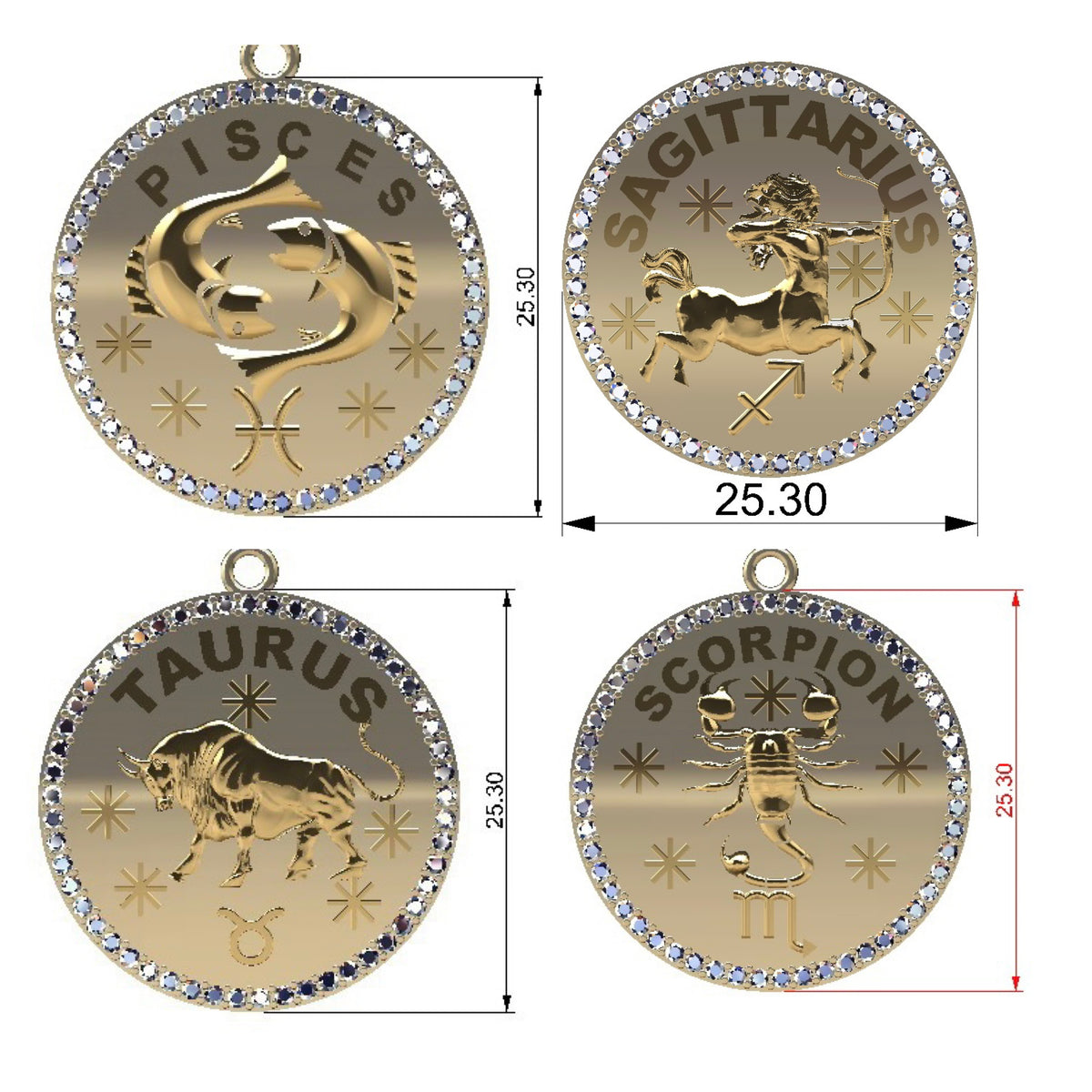 14KT Gold Diamond Bespoke Zodiac Disk Pendant Charm