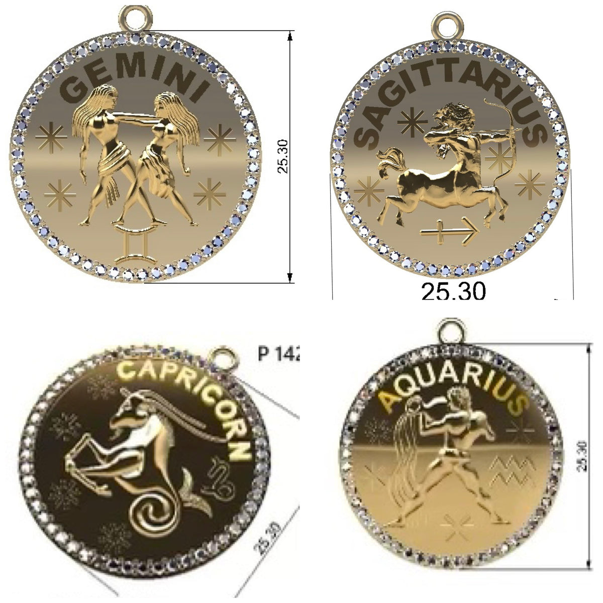 14KT Gold Diamond Bespoke Zodiac Disk Pendant Charm