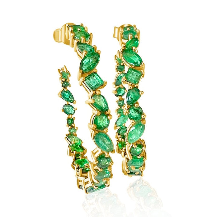 14KT Gold Multiple Shape Emerald Magnificent Hoop Earrings