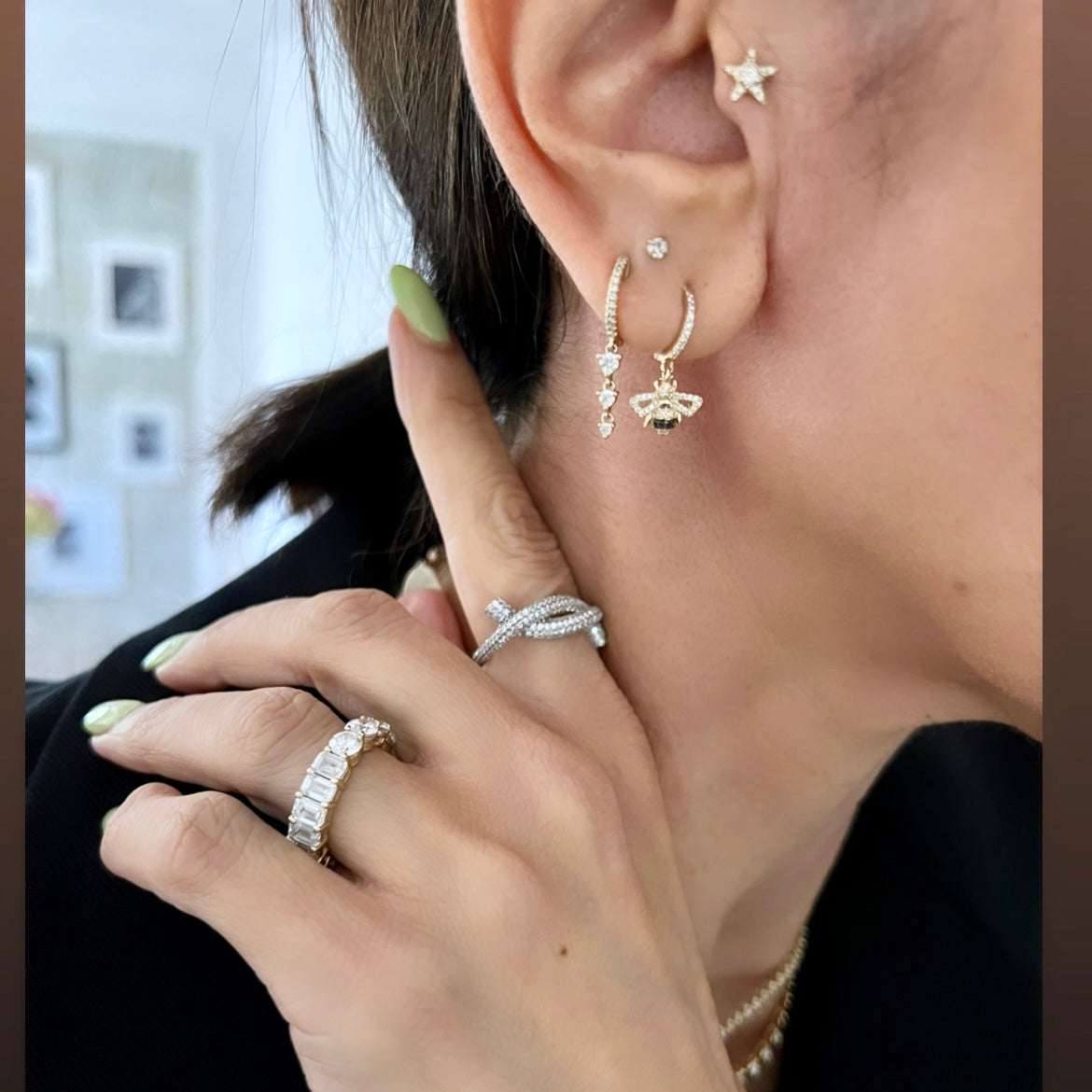 14KT Gold Diamond Beatie Dangling Diamond Huggie Earrings