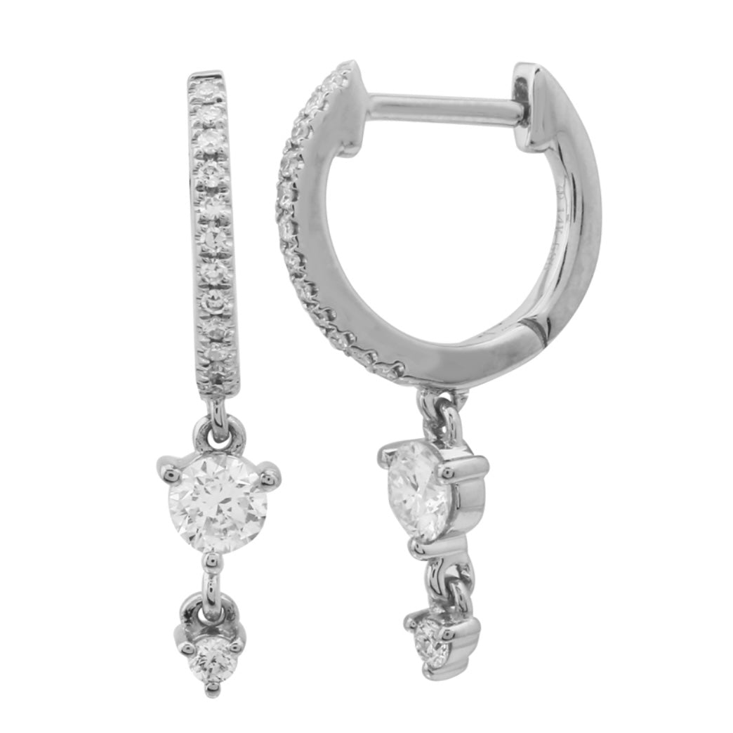14KT Gold Two Dangling Diamonds Huggie Earrings