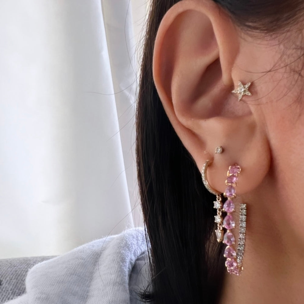14KT Gold Diamond Pink Sapphire Hoop Earrings
