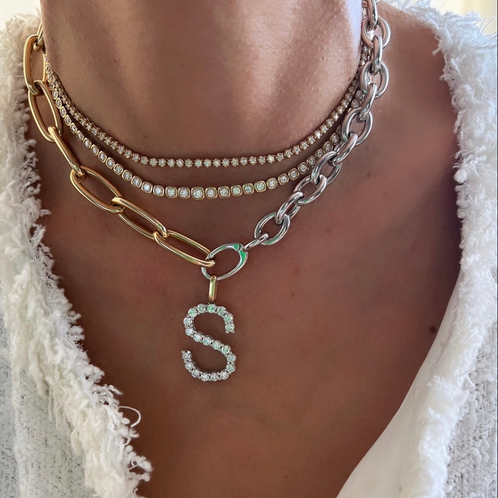 14KT Two Tone Jumbo Gold Multi Link Charm Chain Necklace