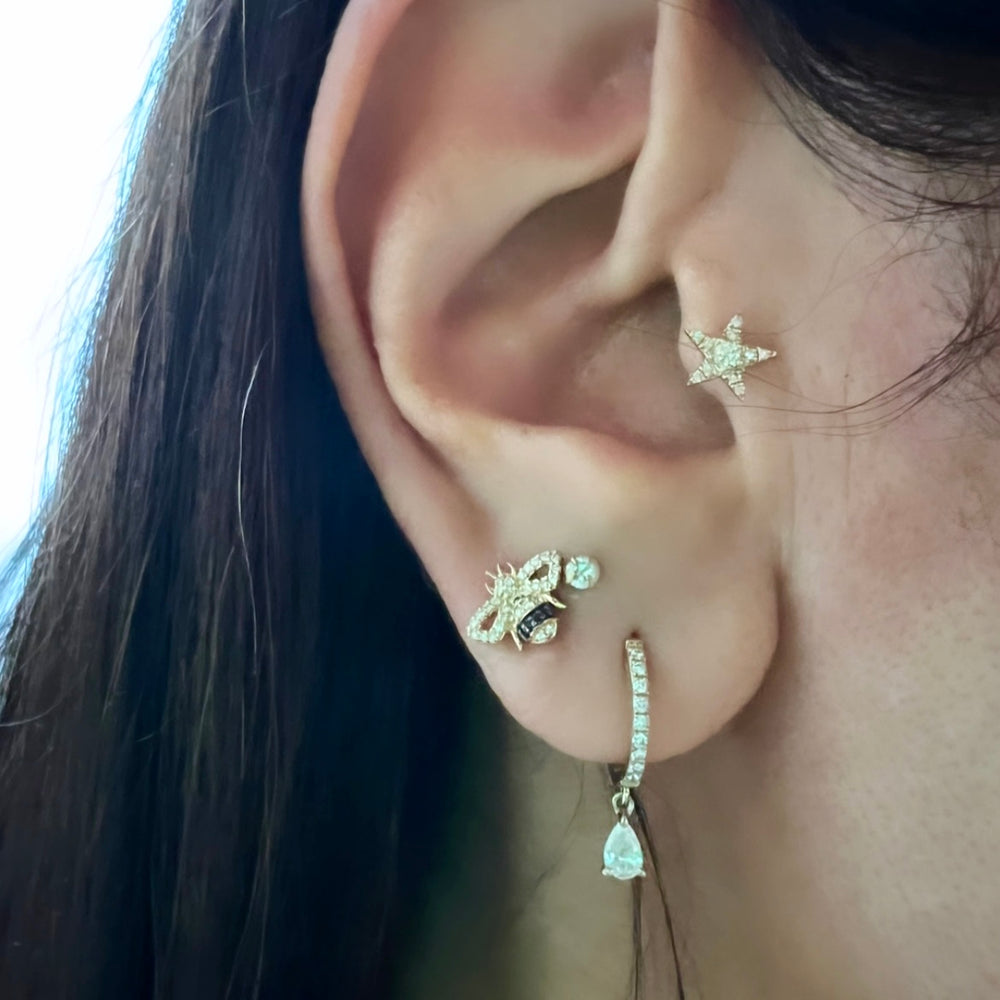 14KT Gold Diamond Huggie Earrings with Pear Diamond Drop