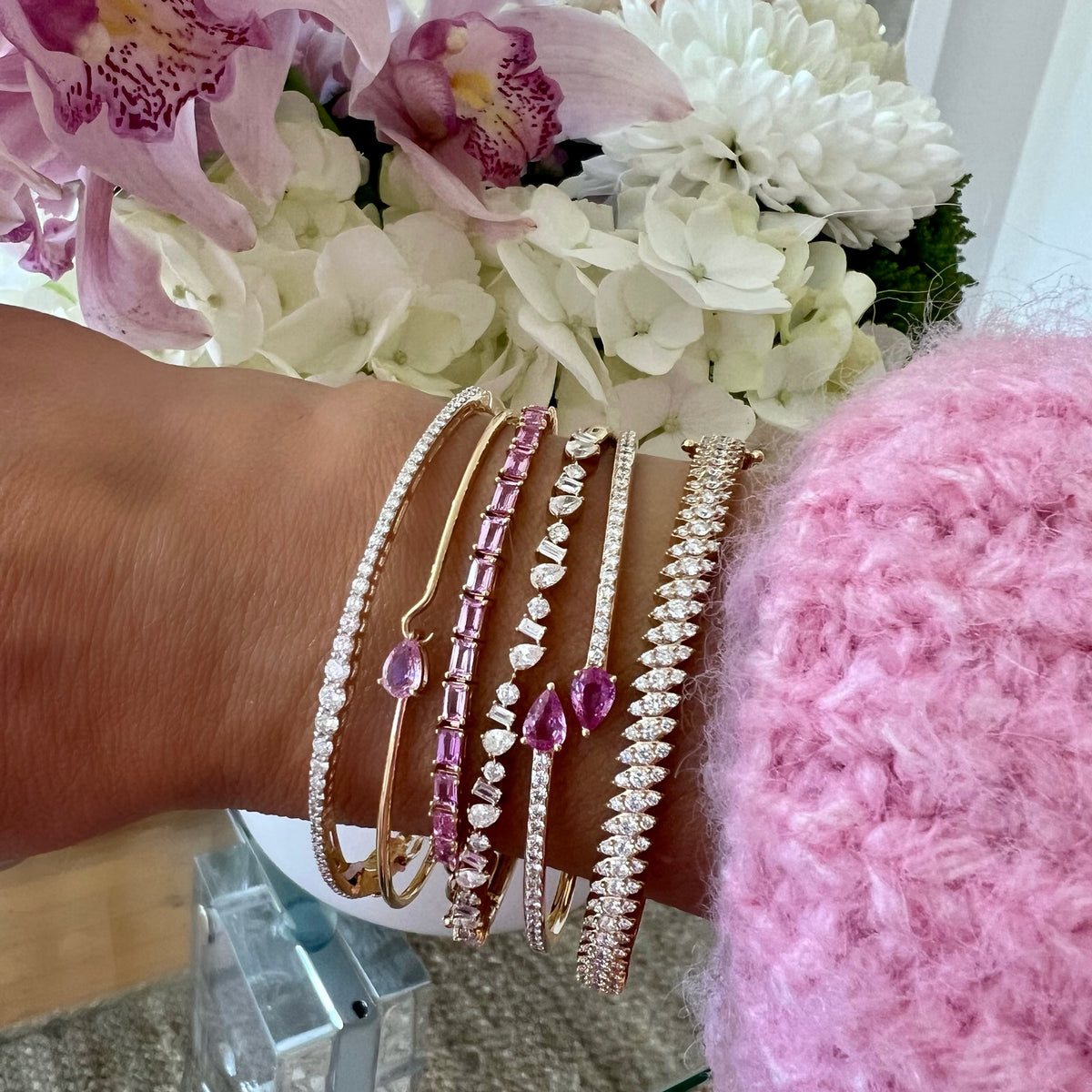 14KT Gold Baguette Pink Sapphire on Chain Bracelet