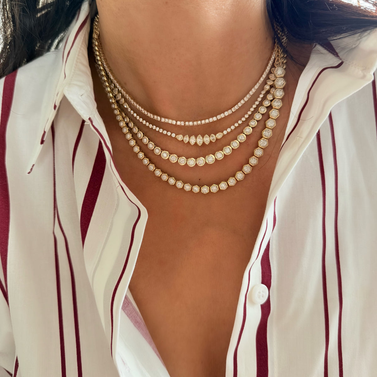14KT Gold Diamond The Line Hexagon Asymmetrical Tennis Necklace