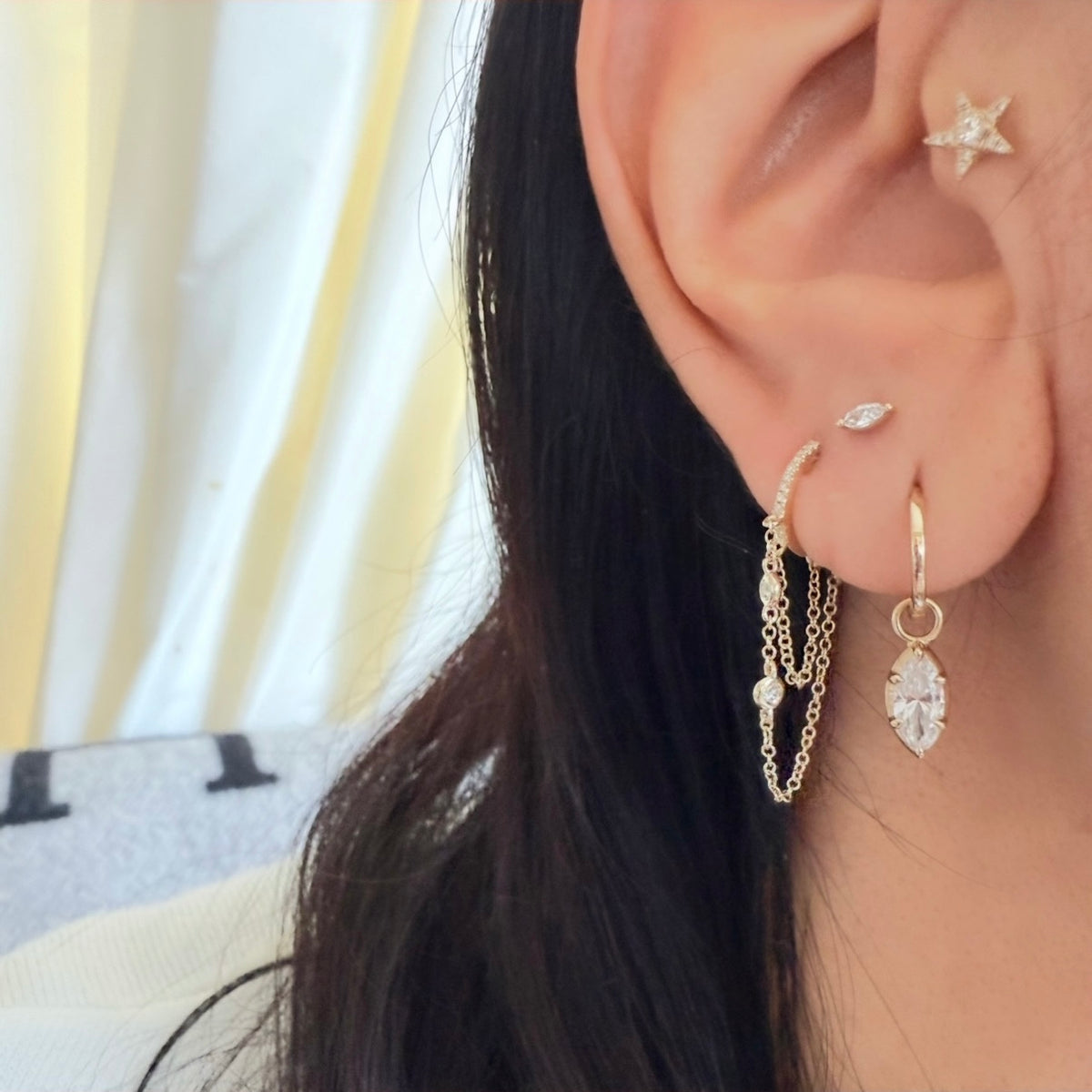 14KT Gold Diamond Kiki Chain Loop Huggie Earrings
