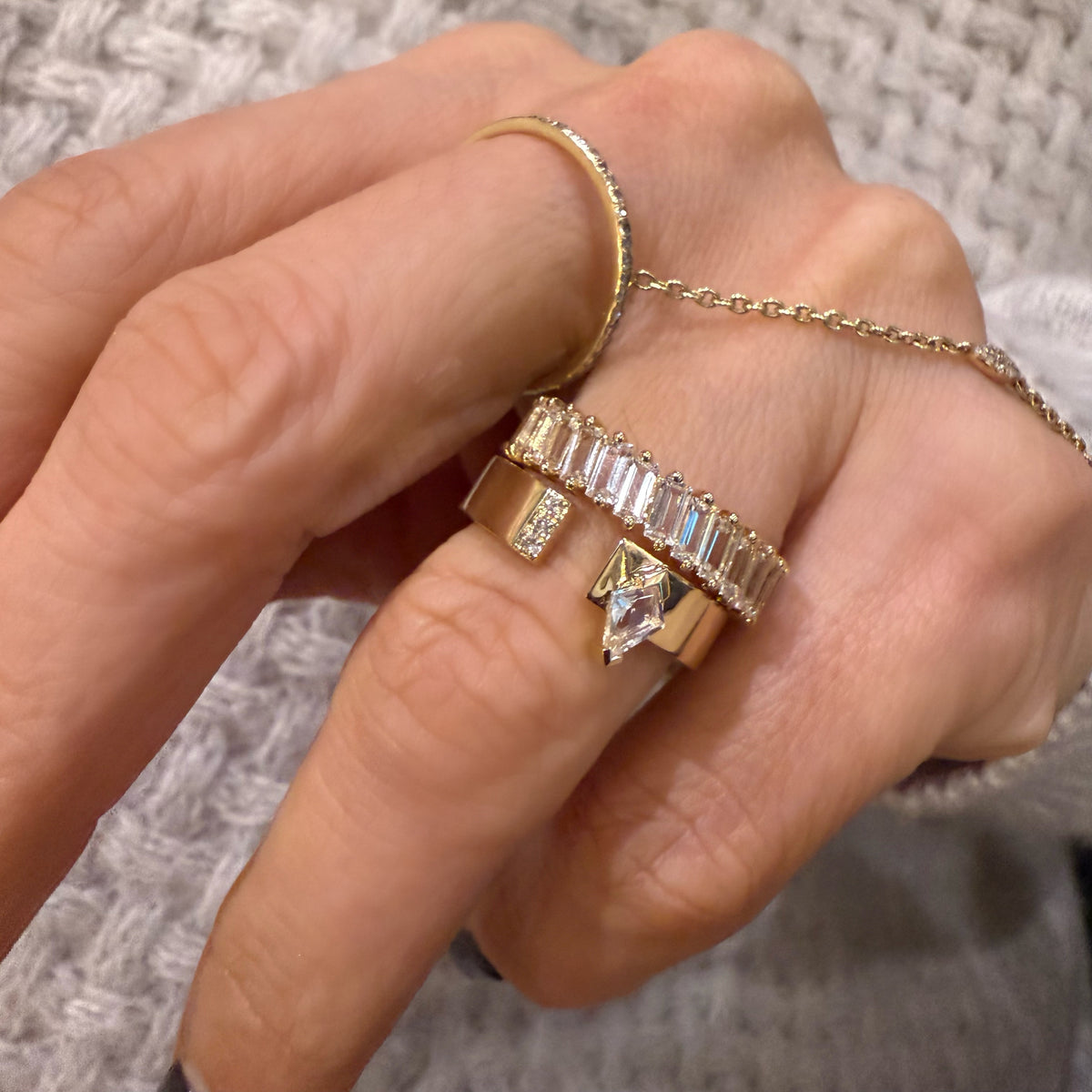 14KT Gold Diamond and White Topaz Cuff Ring