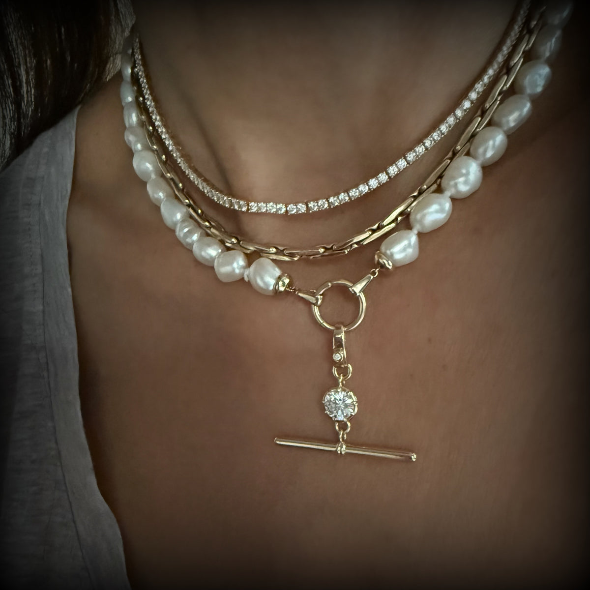 14KT Gold 1ct Lab Diamond Georgian Toggle Bar Pendant