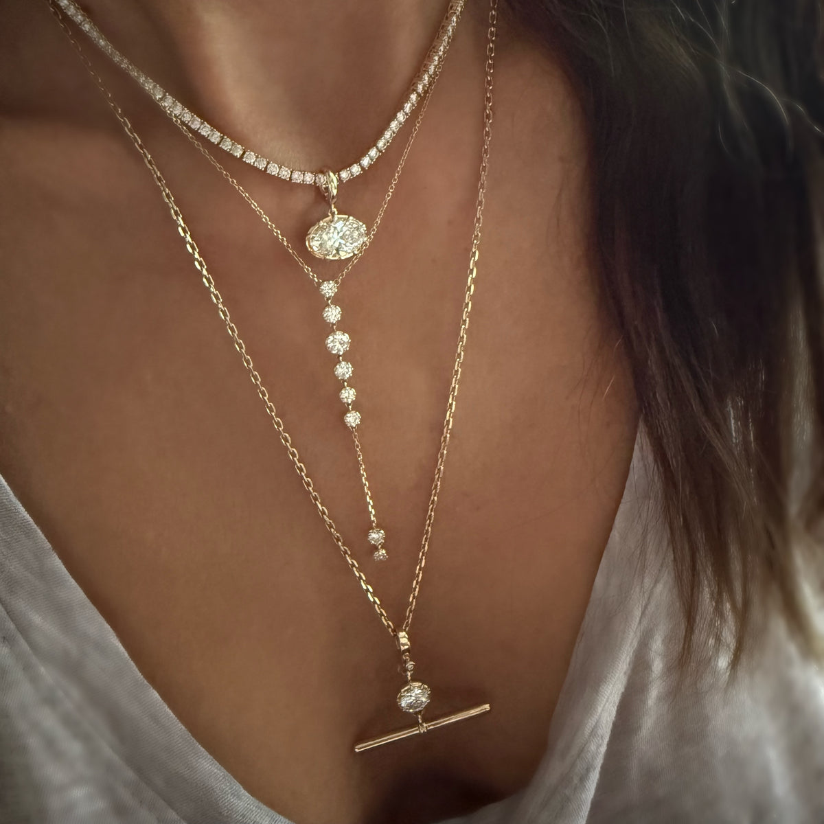 14KT Gold 1ct Lab Diamond Georgian Lariat Necklace