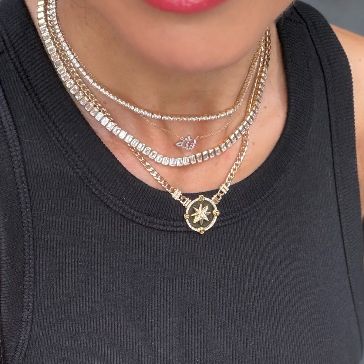 14KT Gold Diamond Star Disc on Cuban Chain Necklace
