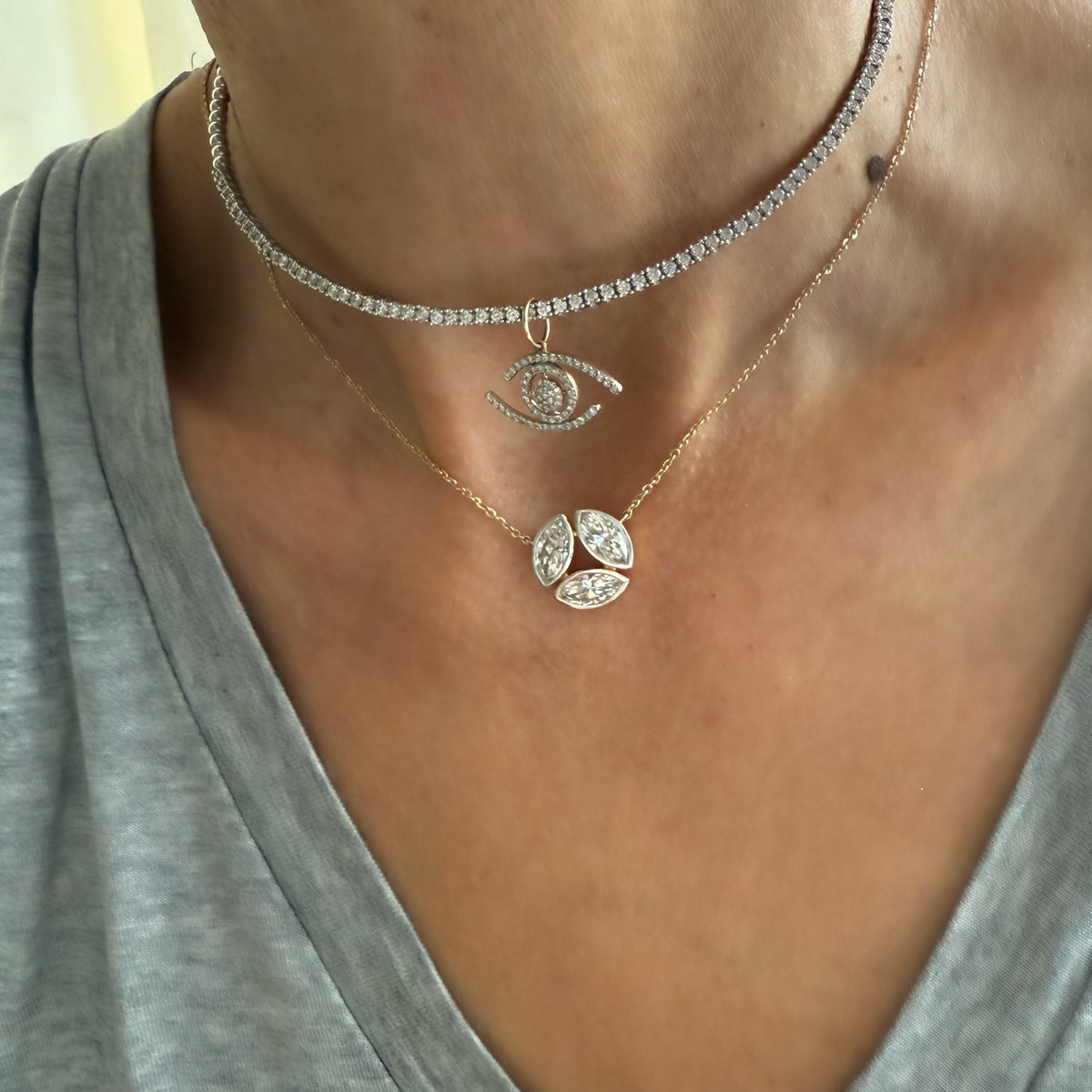 14KT Gold 2.56ct Triple Marquise Lab Diamond Necklace