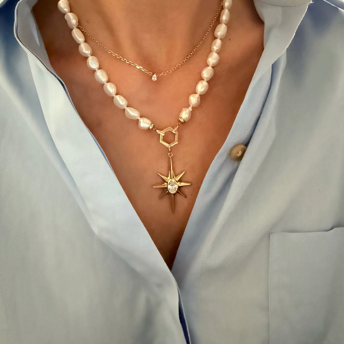 14KT Gold Large Star with 1.25ct Oval Lab Diamond Pendant Charm