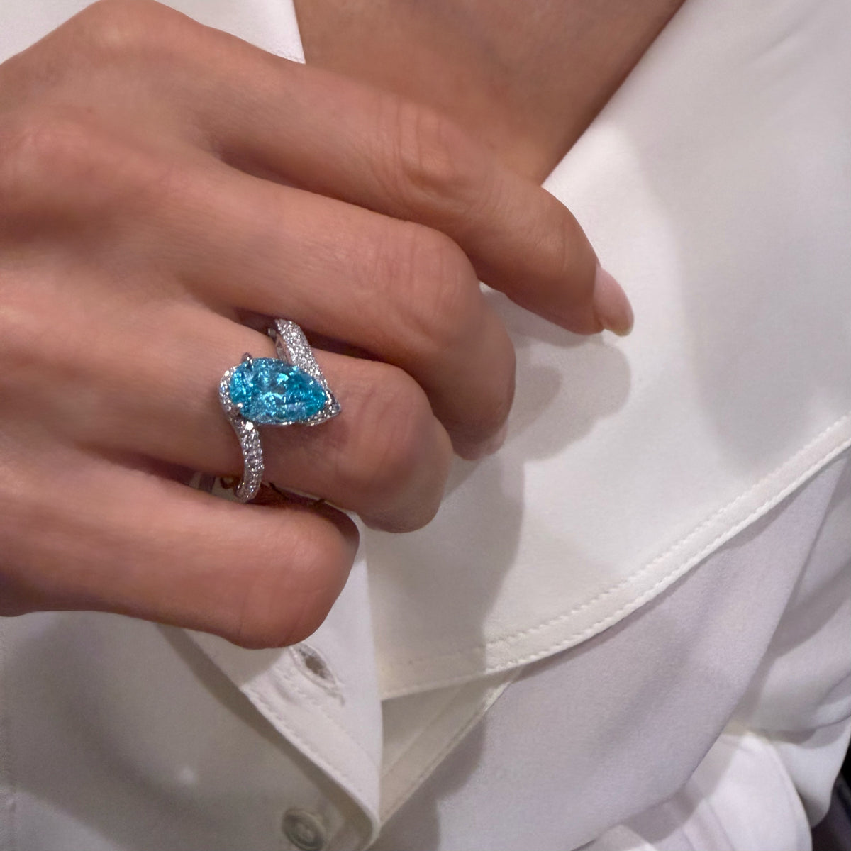 14KT Gold Pear Cut Lab Paraiba Tourmaline Bespoke Ring