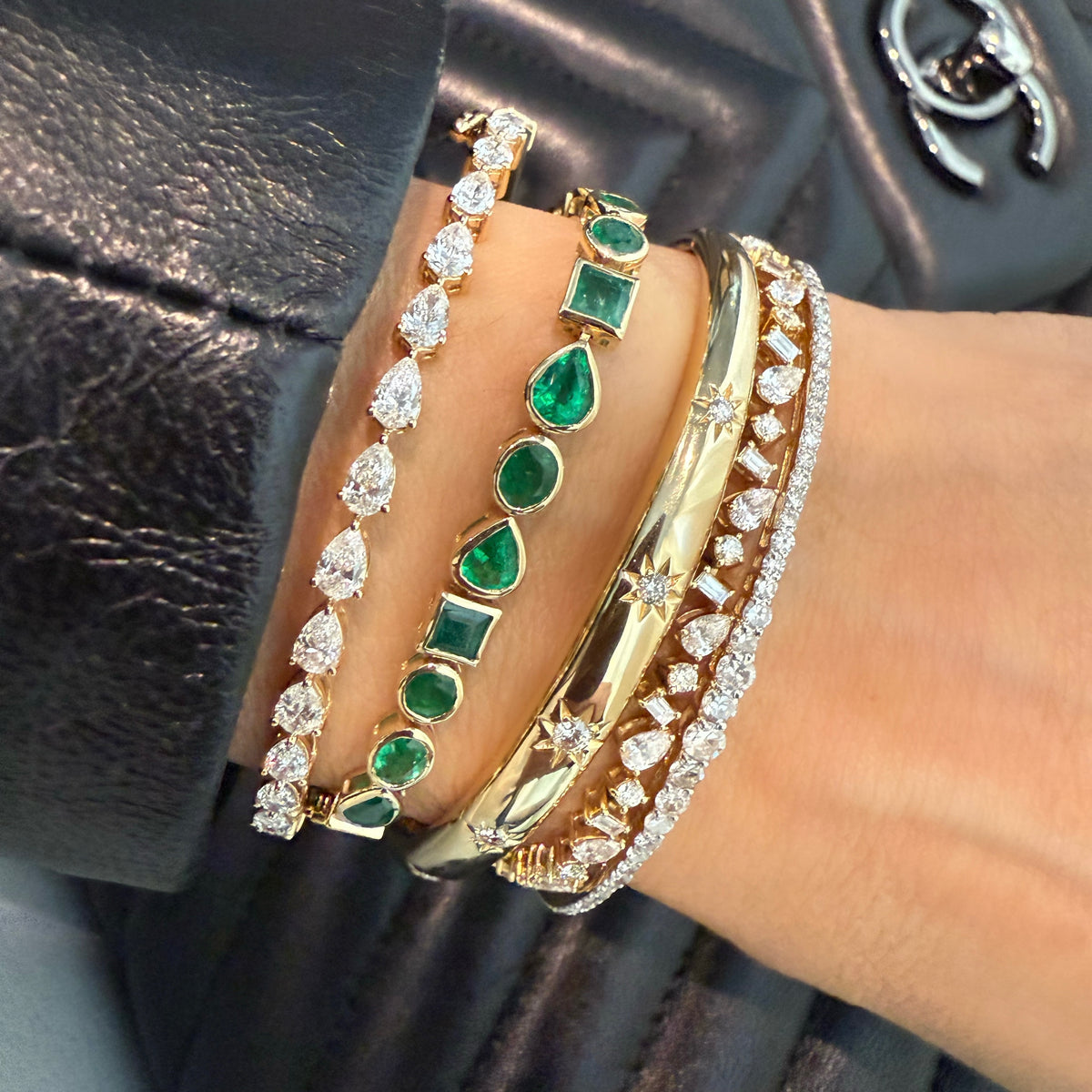 14KT Gold Multi Shaped Emerald Tennis Bracelet