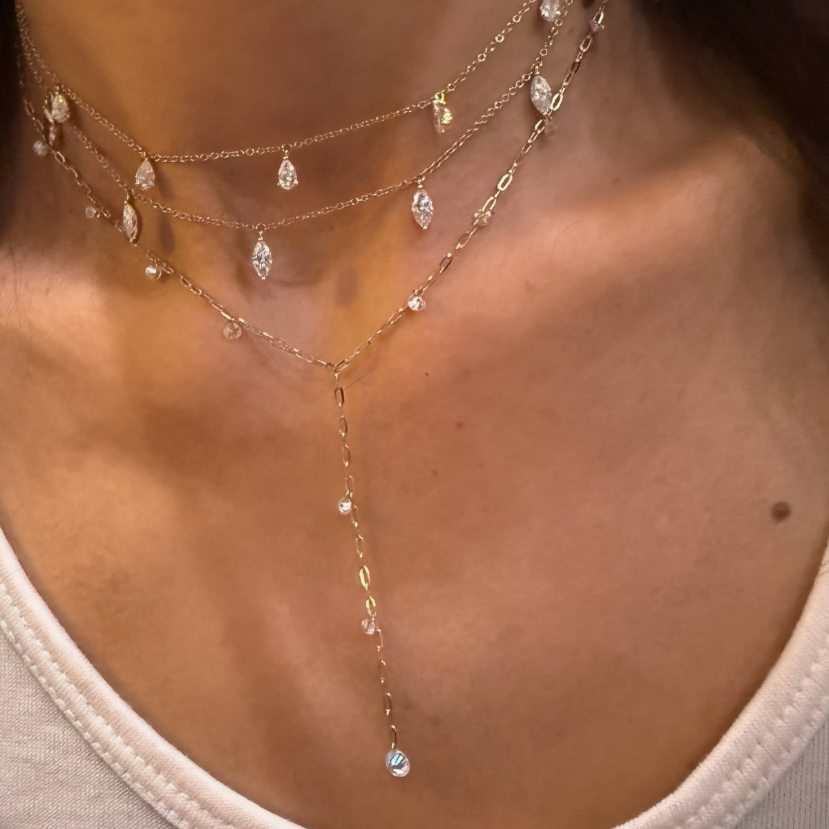 14KT Gold 1.15ct Floating Drilled Lab Diamond Lariat Necklace