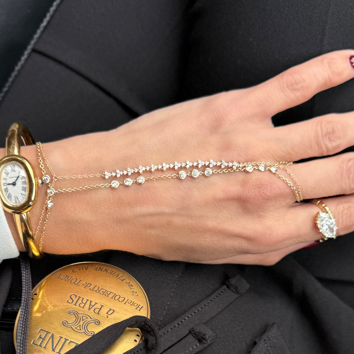 14KT Gold Cluster Diamond Finger Bracelet Hand Chain