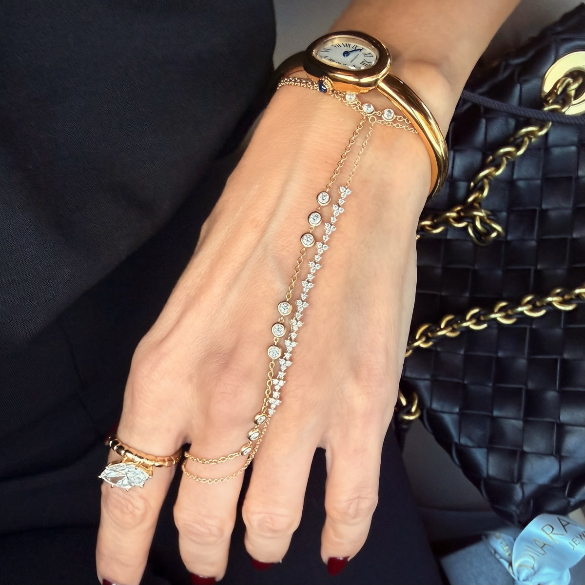 14KT Gold Cluster Diamond Finger Bracelet Hand Chain