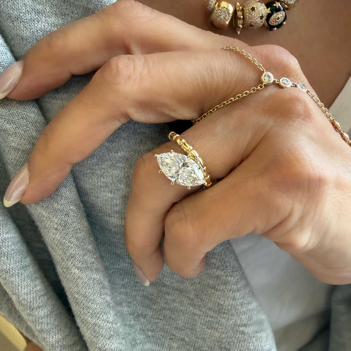 14KT Gold Tilted 3ct Marquise Lab Bespoke Diamond Ring