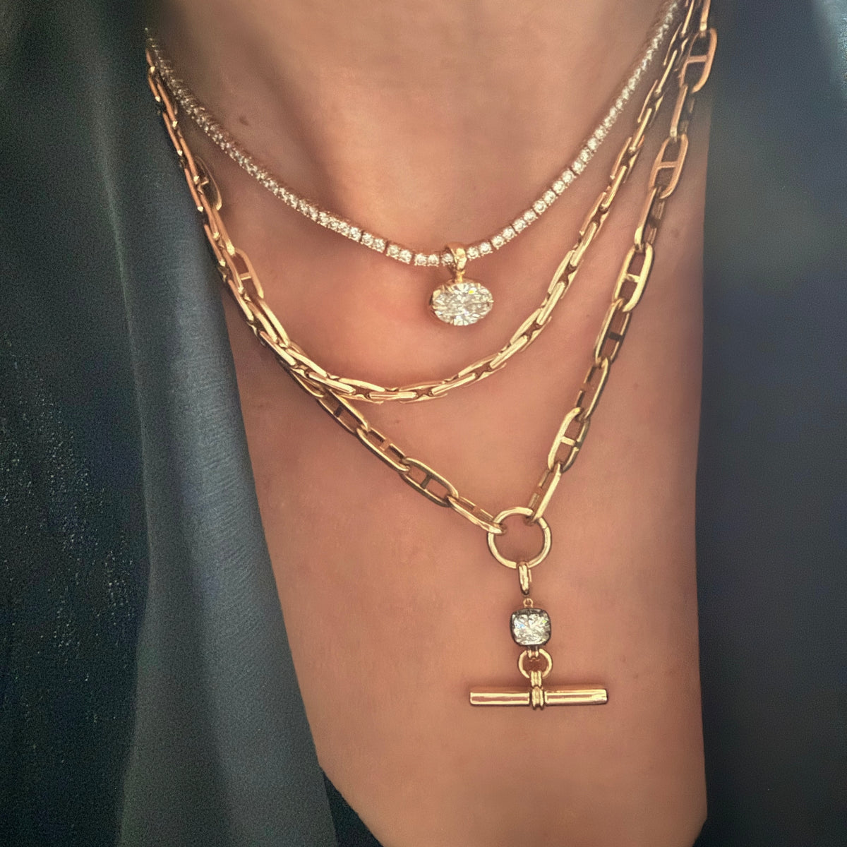 14KT Gold 1ct Square Cushion Lab Diamond Georgian Toggle Bar Pendant