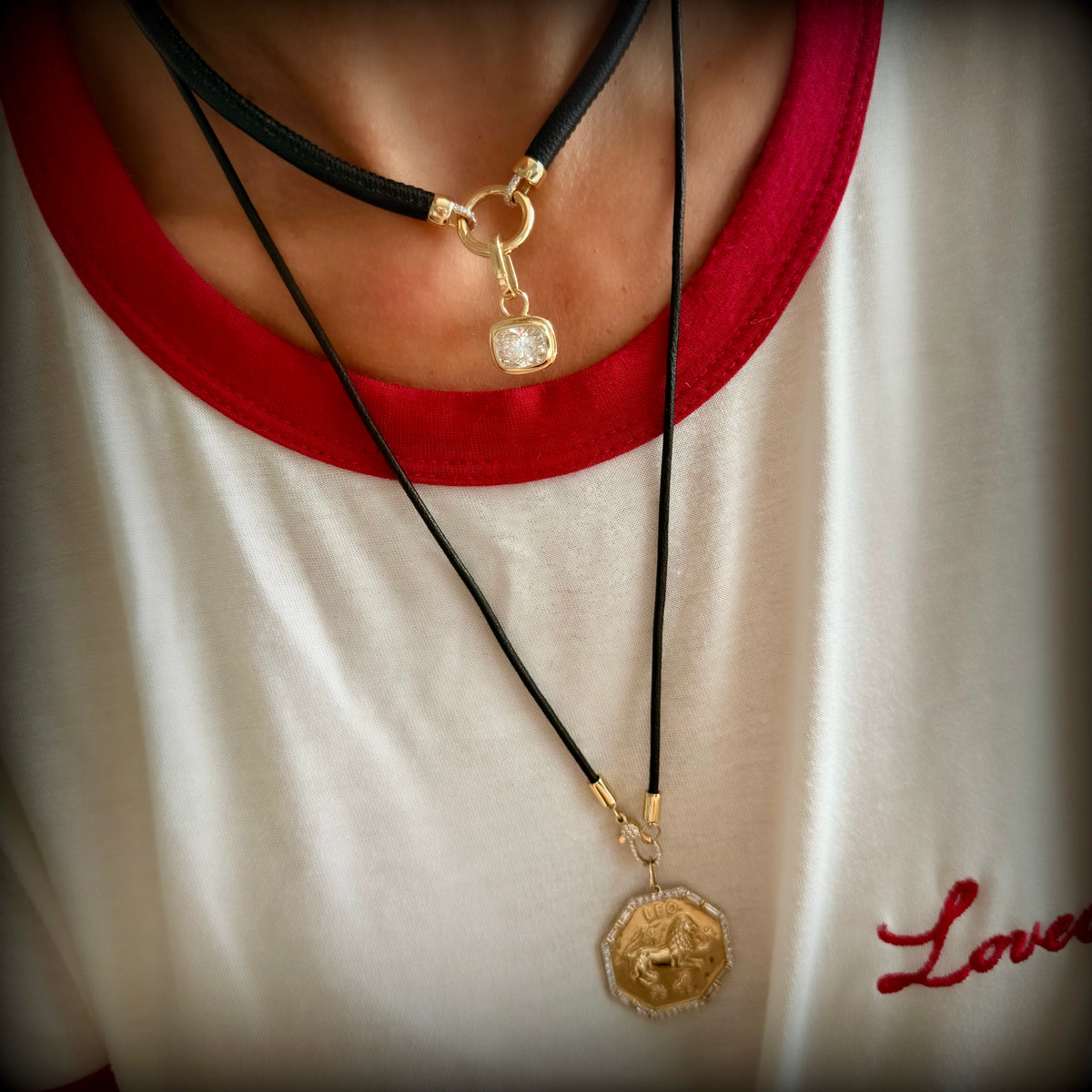 14KT Gold Diamond Long Leather Cord Chain Necklace