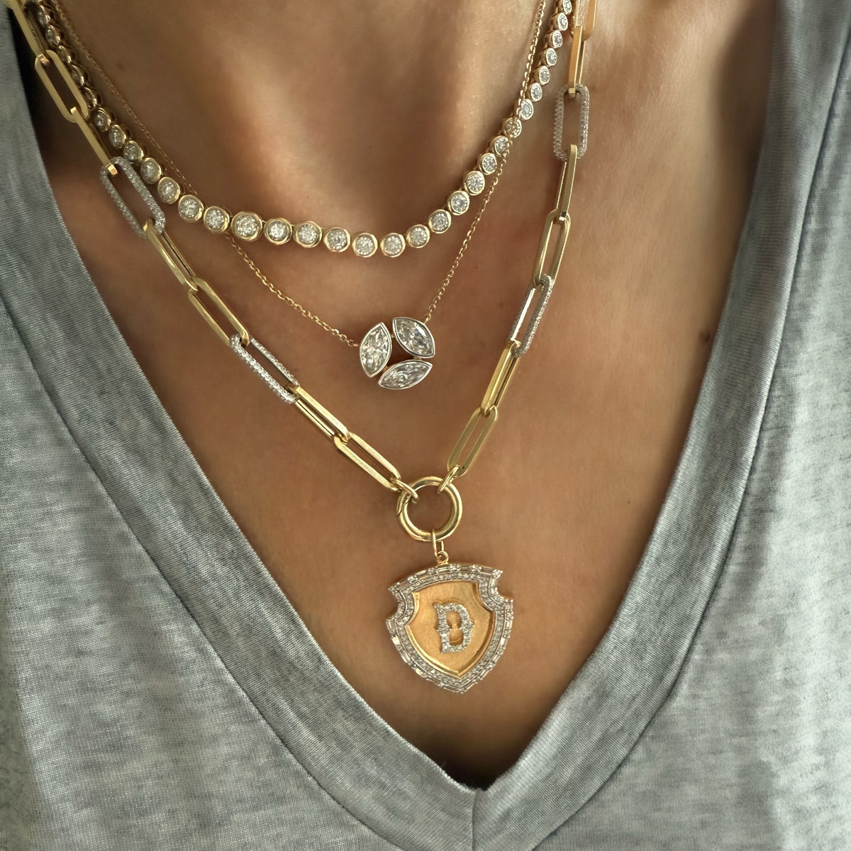 14KT Gold Luxe Paperclip Charm Chain Necklace with Diamond Links