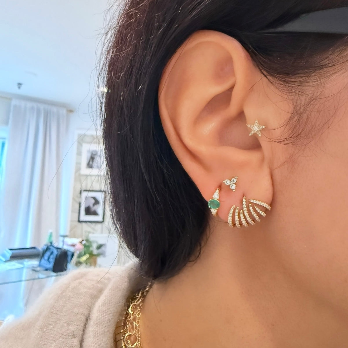 14KT Gold Diamond Emerald Jane Huggie Earrings