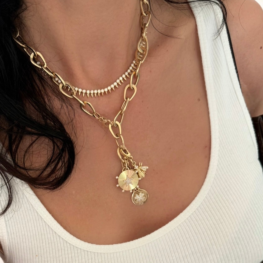 14KT Gold Diamond Fluted Disk Star Pendant Charm