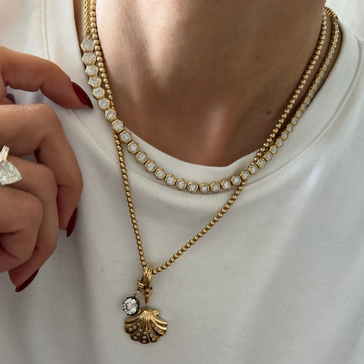 14KT Gold Diamond The Line Hexagon Asymmetrical Tennis Necklace