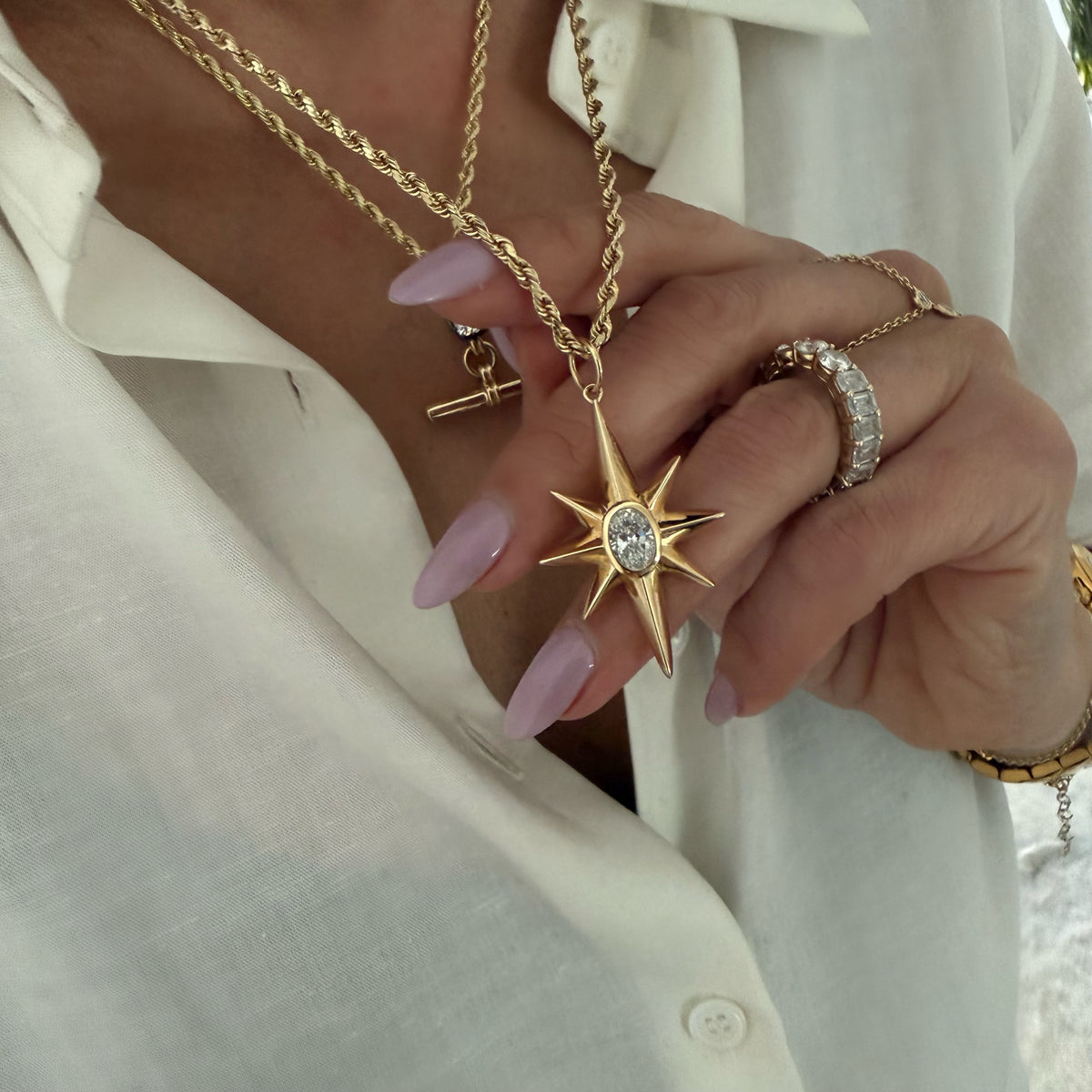 14KT Gold Large Star with 1.25ct Oval Lab Diamond Pendant Charm