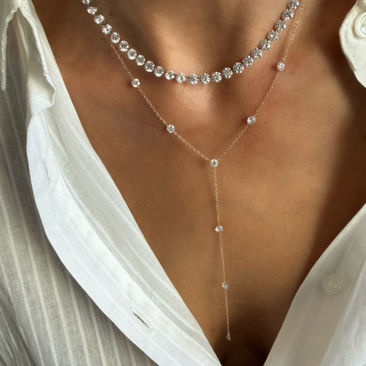 14KT Gold 1.50ct Floating Drilled Lab Diamond Lariat Necklace