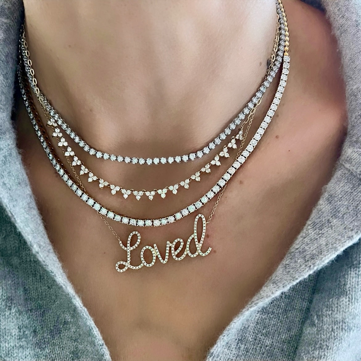 14KT Gold Diamond Jumbo Script Loved Necklace